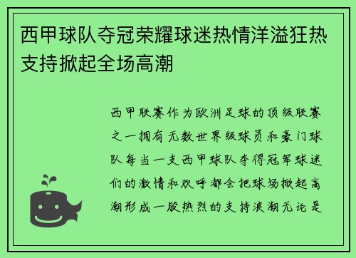 西甲球队夺冠荣耀球迷热情洋溢狂热支持掀起全场高潮